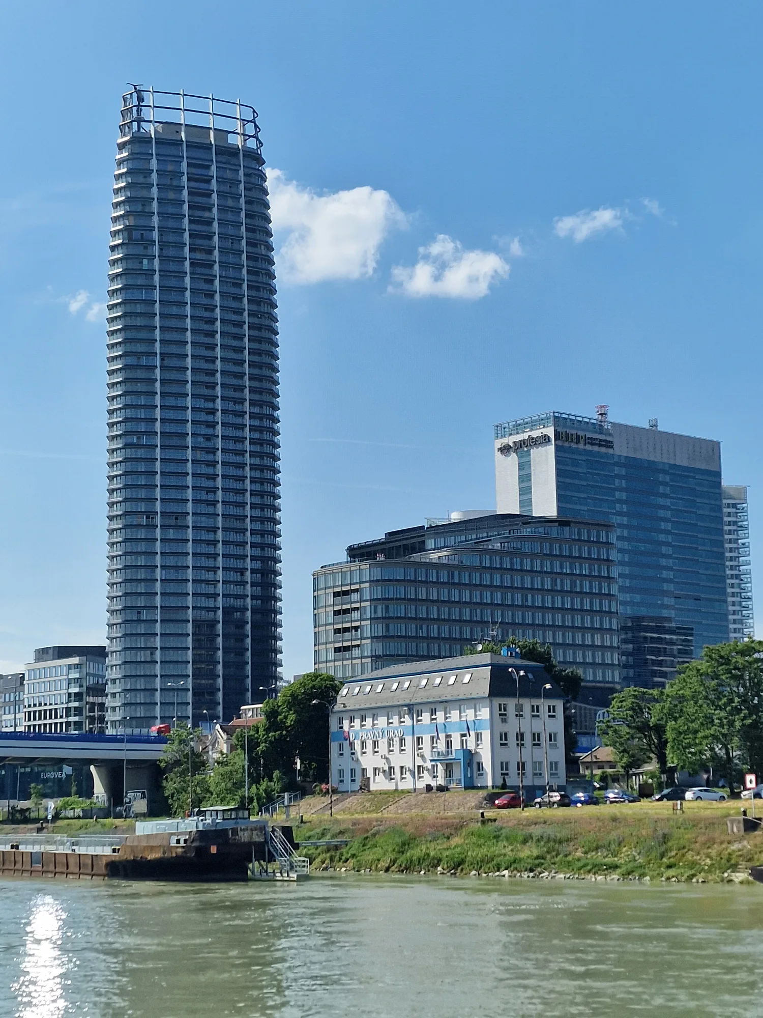 The modern Eurovea riverfront and tower on the Danube in Bratislava