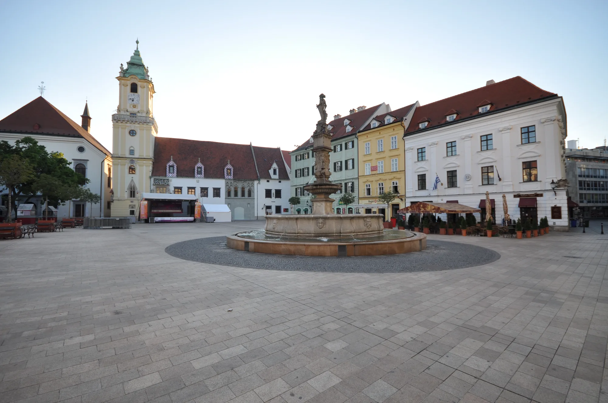 Bratislava’s Main Square (Hlavné námestie) with the Roland fountain and the green-domed Old Town Hall