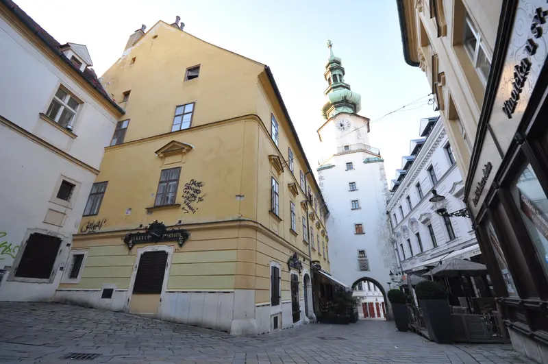 Michael’s Gate, the green-domed Baroque tower of Bratislava’s last surviving medieval town gate