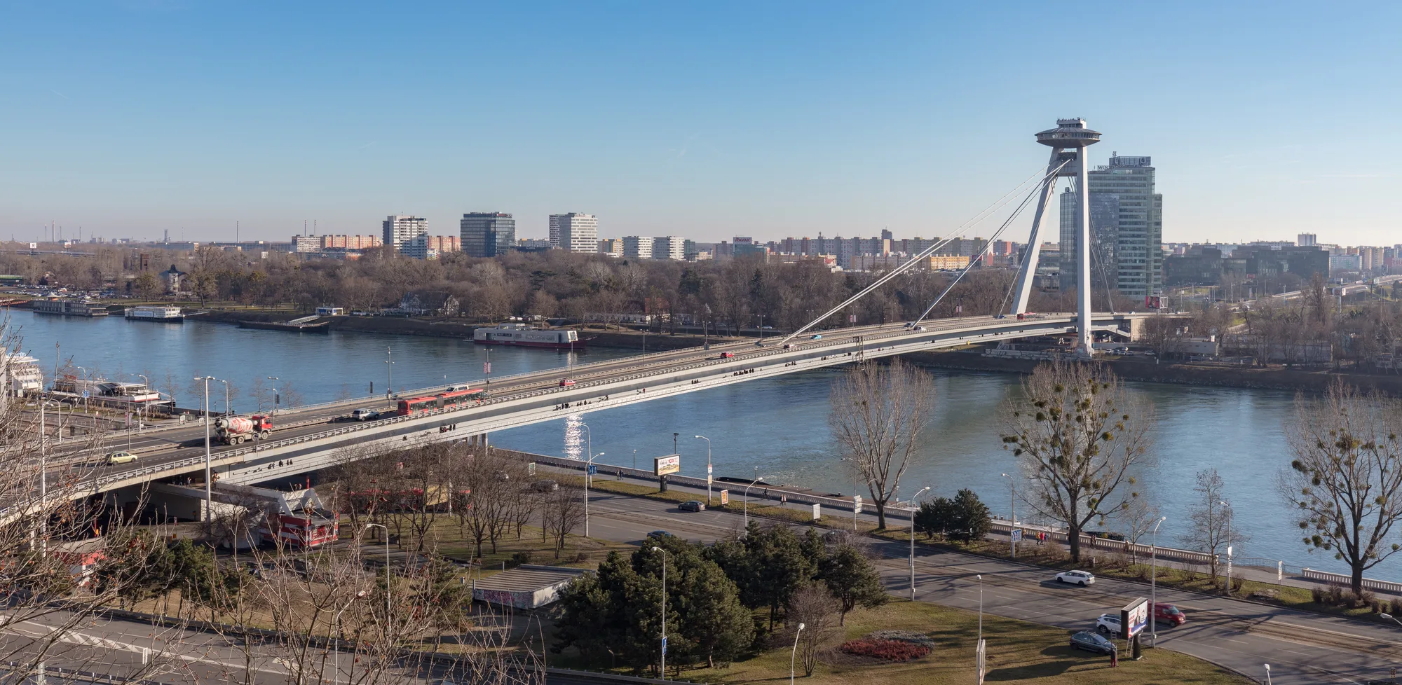 The SNP Bridge over the Danube in Bratislava, with its UFO observation deck on a single leaning pylon